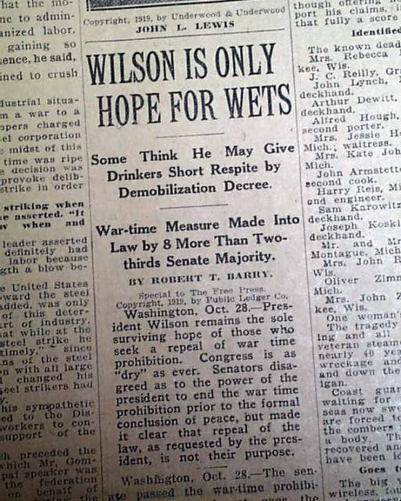 윌슨의 금주법 거부권을 비난하는 1919년의 기사